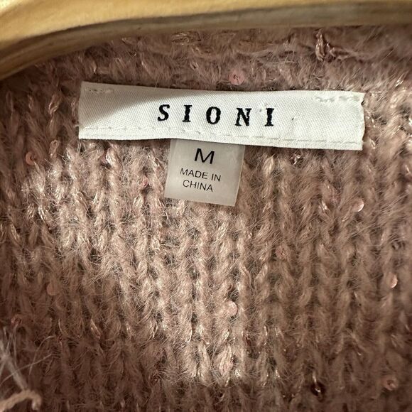 Sioni Knit Sweater Cardigan Size Medium Pink All Over Sequin Fringe Details - Picture 6 of 7